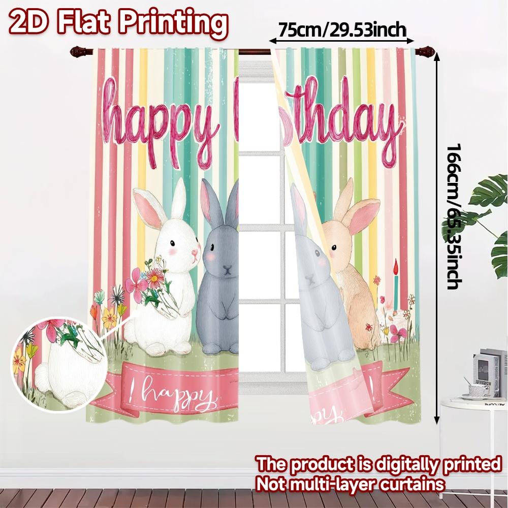 Set Of 2 Flat Printing Curtains Without Rod Birthday Bunnies Creative Polyester Easy Install Modern Made