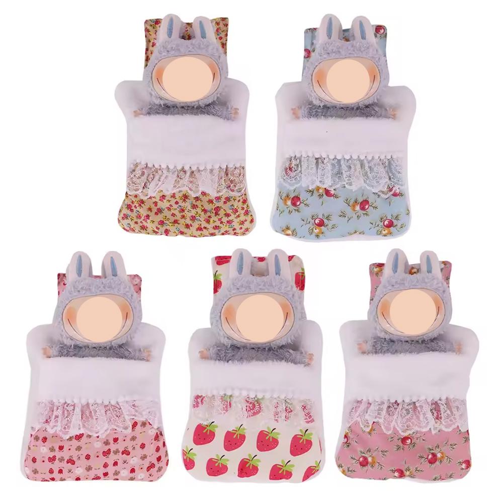 17cm Mini Doll's Accessories Collection Designed For Labubu Doll Pop 5/6Pcs/Set Bed+Quilt+Pillow Pajamas Sleeping Pouch Dollhouse GiftGirl's