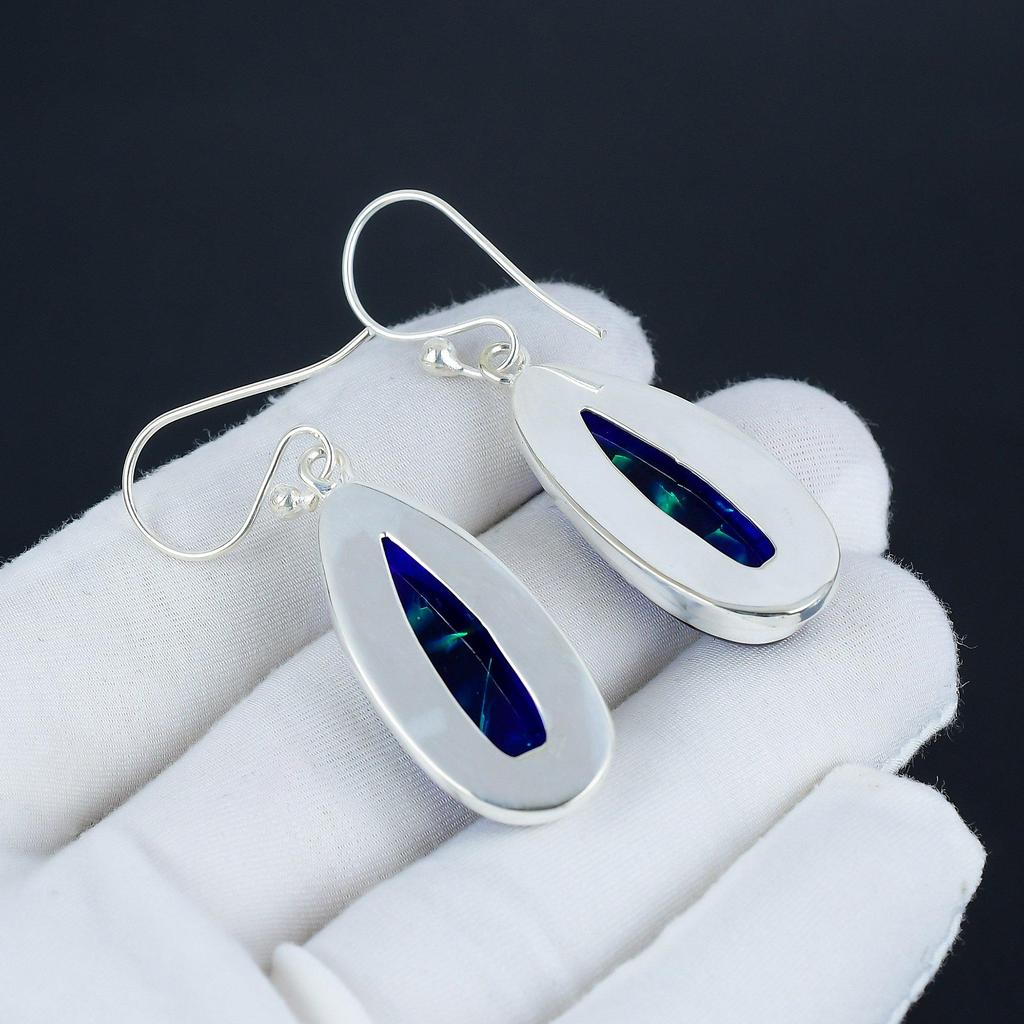Dunkelblaue Triplett Feueropal Edelstein Ohrringe, 925 Sterlingsilber Ohrringe, Handgefertigter Boho Silberschmuck Hängeohrringe, Muttertagsgeschenk