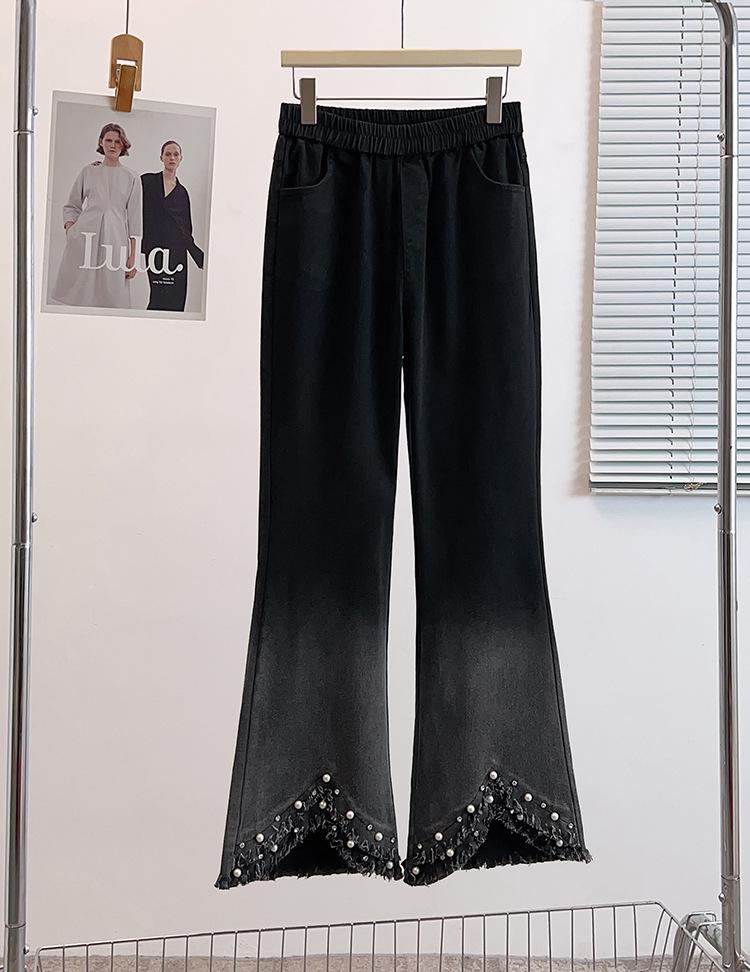 

2026 Spring Stylish Slim-fit Stretchy Fringed Pearl Flare Jeans Plus Size Women s Clothing 3XL (120-140 jin) чорний
