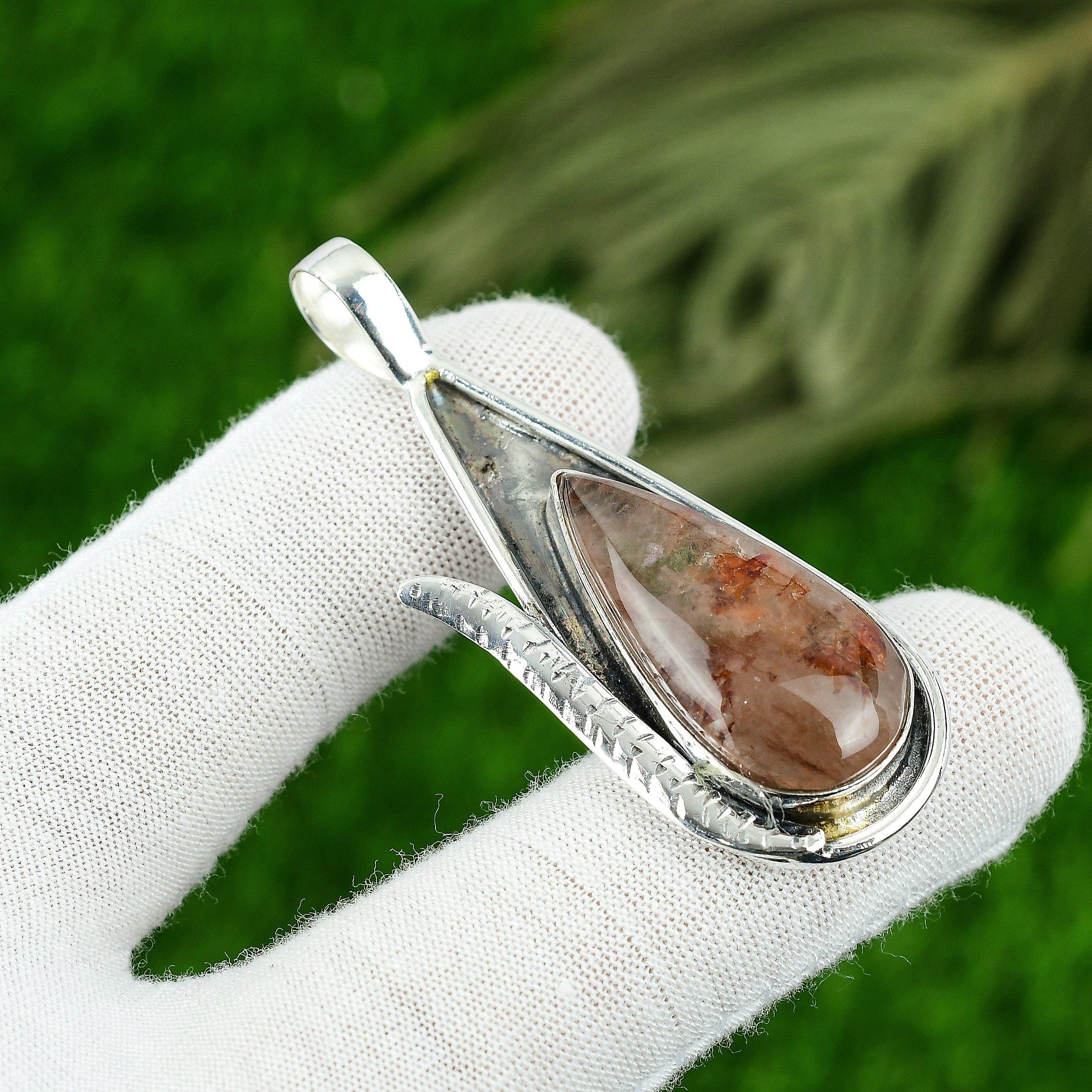 

Pear Elestial Quartz Gemstone Sterling Silver Handcrafted Mother Bezel Pendant