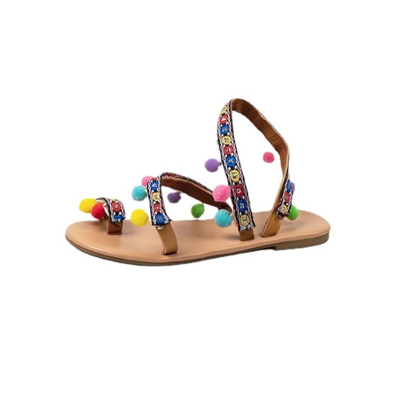 Summer Bohemian Cross Strap Hairball Pin-toe Flat Bottom Student Pin-toe Beach Shoes Sandals Batch