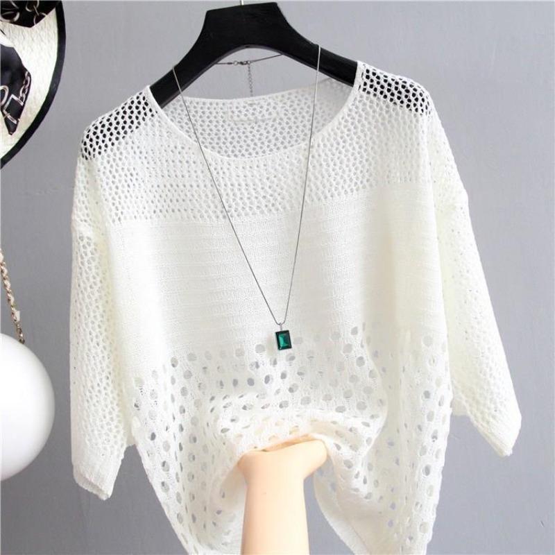 Women s Elegant Slimming Hollow Out Knit Pullover, Thin Loose Sun Protection Top for Summer One size