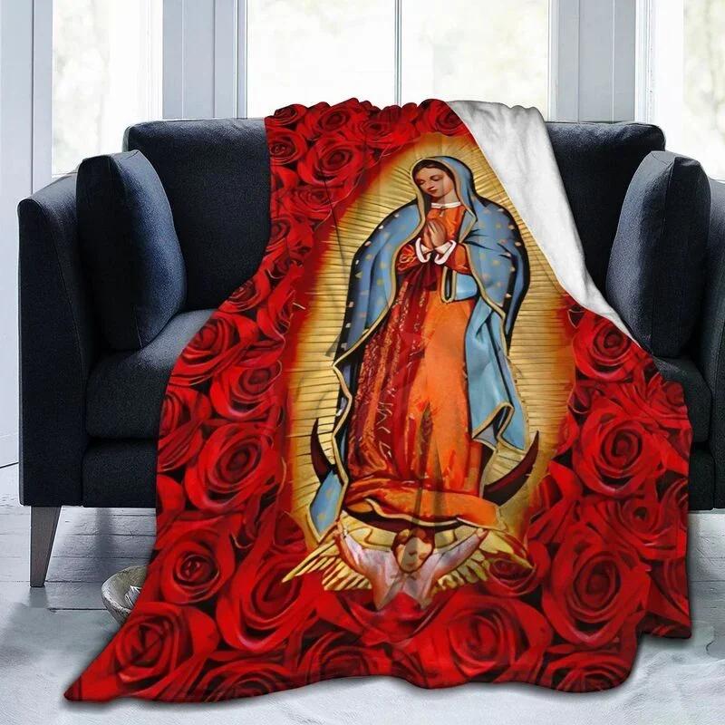 Virgin Mary Blanket Our Lady of Guadalupe Flannel Blanket Warm Gifts for Mom Cozy Fuzzy Throw Sofa Couch Bedding Living Room