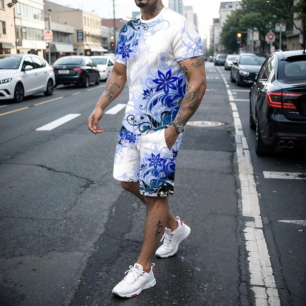 Men's T-shirt Set Summer Fashion Creative 3D Printing Pattern Skull Print Shorts Short Sleeved Combination Casual Two-piece Set