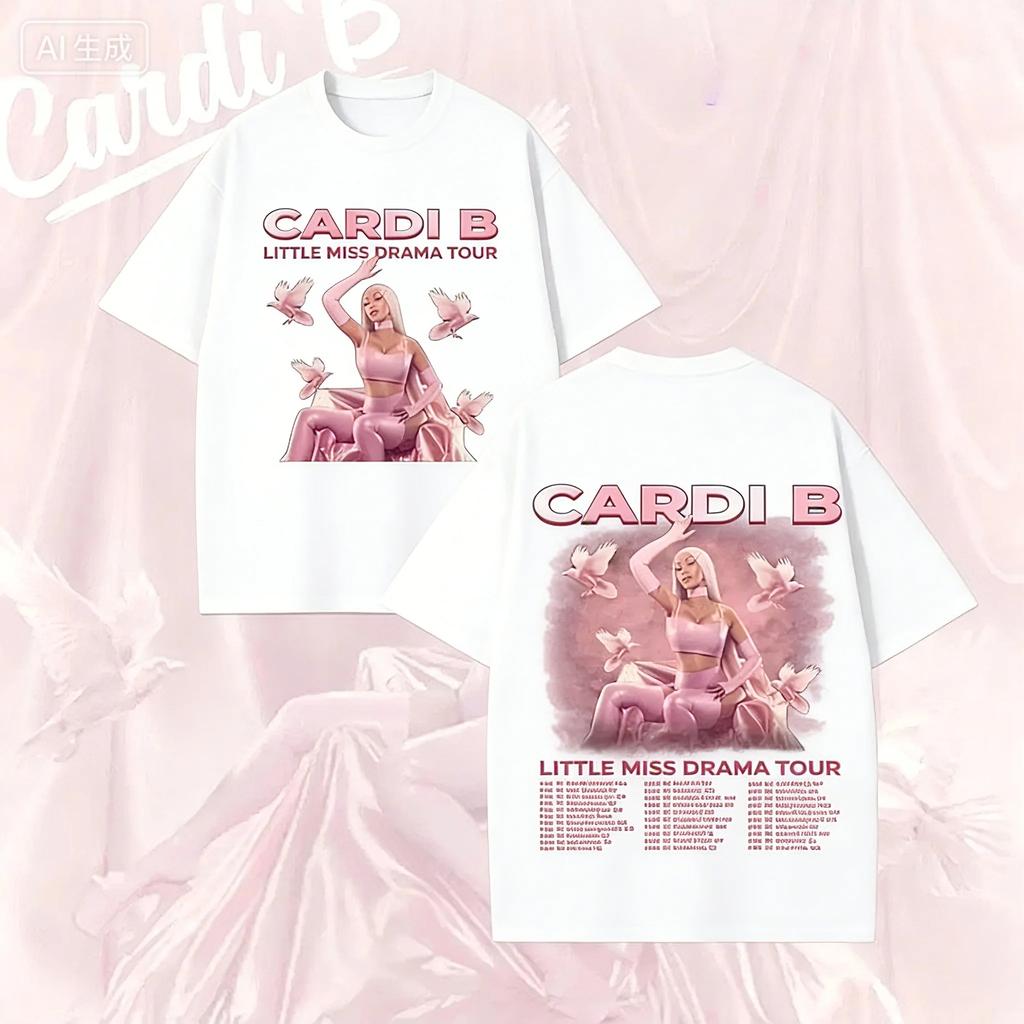 Black Double-Sided Cardi B "Little Miss Drama Tour" T-Shirt with Pink Portrait and Full Tour Dates Print for Hip-Hop Fans