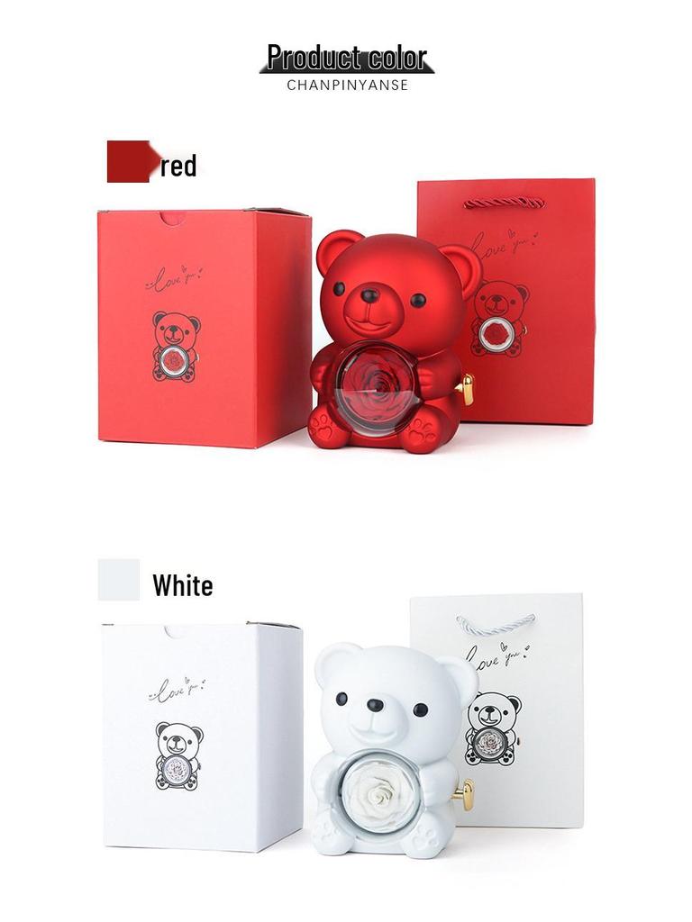 Luxusní otočná šperkovnice s medvídkem a designem růží - Ideální pro žádosti o ruku a dárky