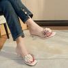 Fashion Flip-flops for Women Summer Wear Flower Clear Crystal Block Heel High Heels Square Toe Fairy Open Toe Sandals and Slippers