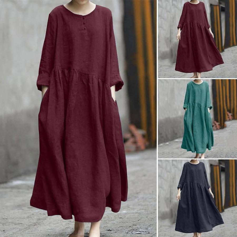 Rochie Maxi Nouă, Culoare Solidă, Bumbac-In, Petice Neregulate, Gât Rotund, Buzunar, Mânecă Lungă