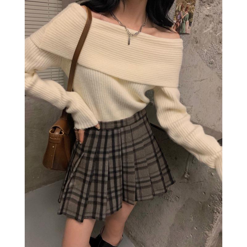One-word Collar Strapless Clavicle Sweater Women's Spring, Autumn and Winter Western Style Fashion Long-sleeved Bottoming Sweater Top 8603