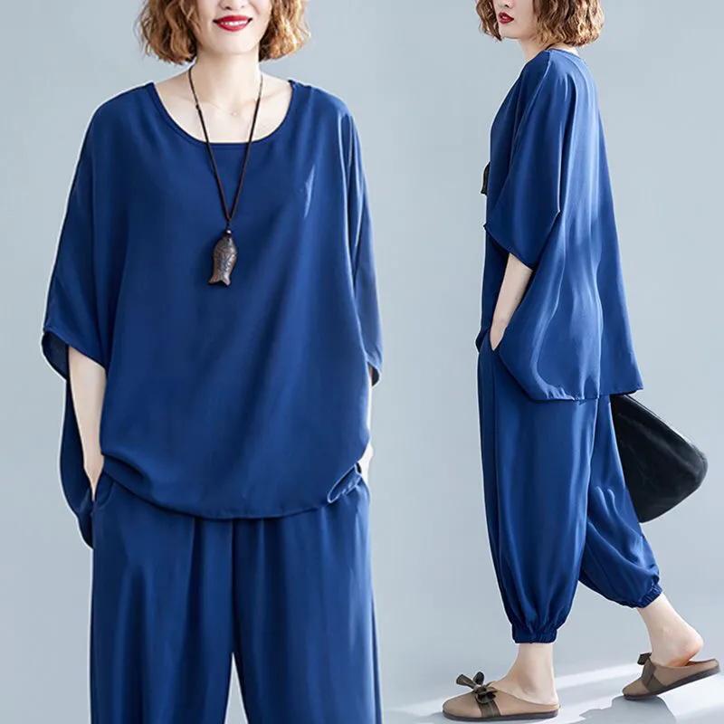Women's Summer Casual Suit Short-sleeved Round Neck T-shirt + Loose Pants Solid Color Two-piece Set