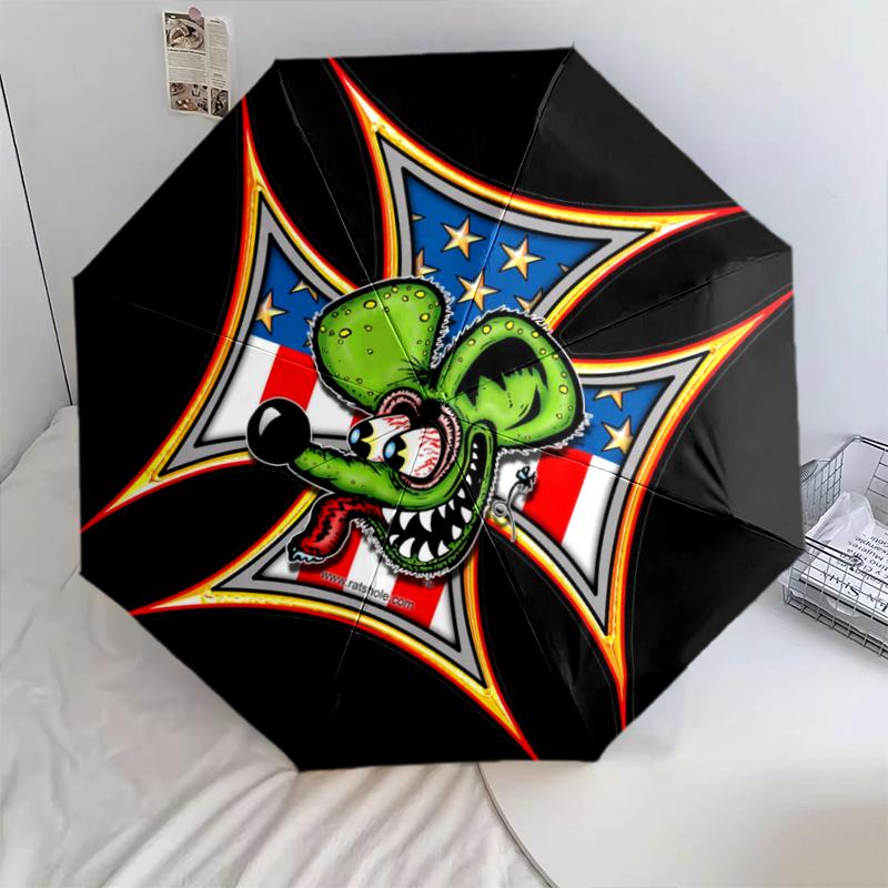 1pc Rat Fink pattern Umbrella Portable Folding Umbrella Iron Frame Hole Bone Structure Outdoor Home Umbrella