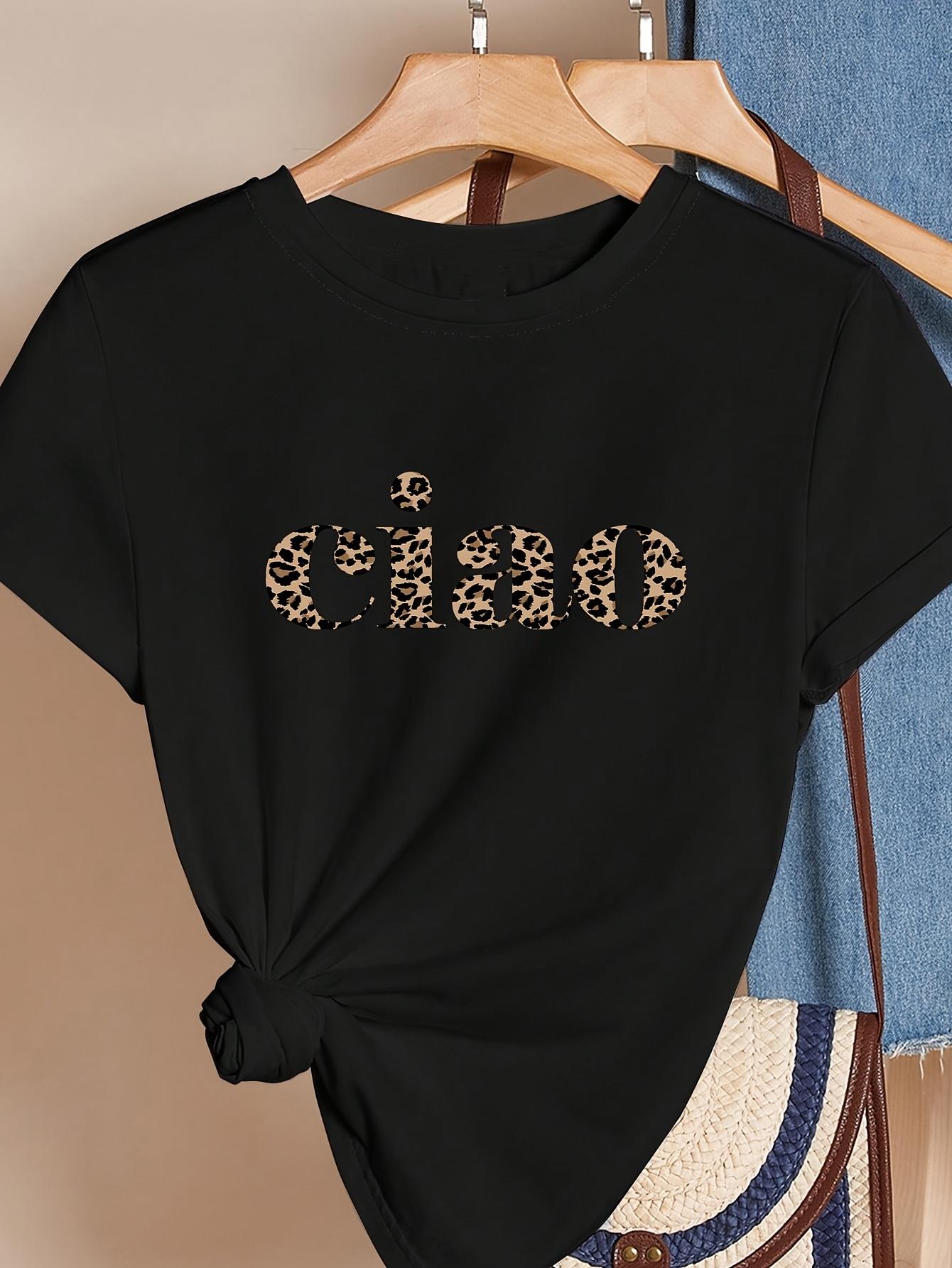 

Женская повседневная полиэстеровая футболка с аппликацией CIAO с леопардовым принтом, круглым вырезом, коротким рукавом, из трикотажной ткани, комфортная для всех сезонов 4XL