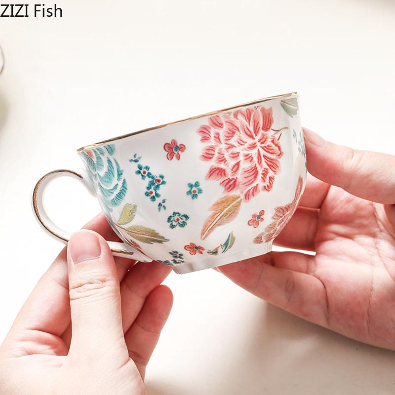 Floral Blooming Painted Cup&saucer Golden Edge Porcelain Coffee Mug Dining Table Afternoon Tea Teacup Fruits Juice Cup Mugs