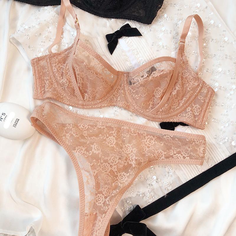 Set de lenjerie intimă franțuzească sexy pentru femei Set de sutien cu broderie din dantelă ultra subțire, confort de vară, sutien respirabil și seturi de lenjerie cu spatele T
