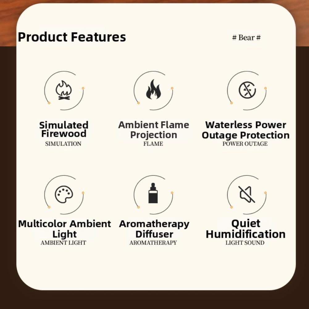 Simulated Fireplace Flame Aroma Diffuser with Humidifier 140ml Water Tank and Multi Color LED Light for Relaxation