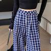 Zhao Lusi Style Women's Blue Plaid Wide-Leg Pants - 145 Petite, Early Autumn, Elegant Casual Straight-Leg