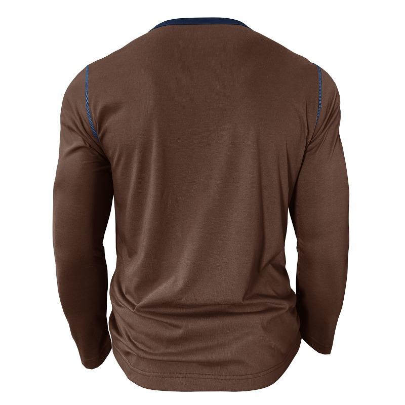 Mens Contrast Color Pocket Long Sleeve Crew Neck Henley Casual T Shirt