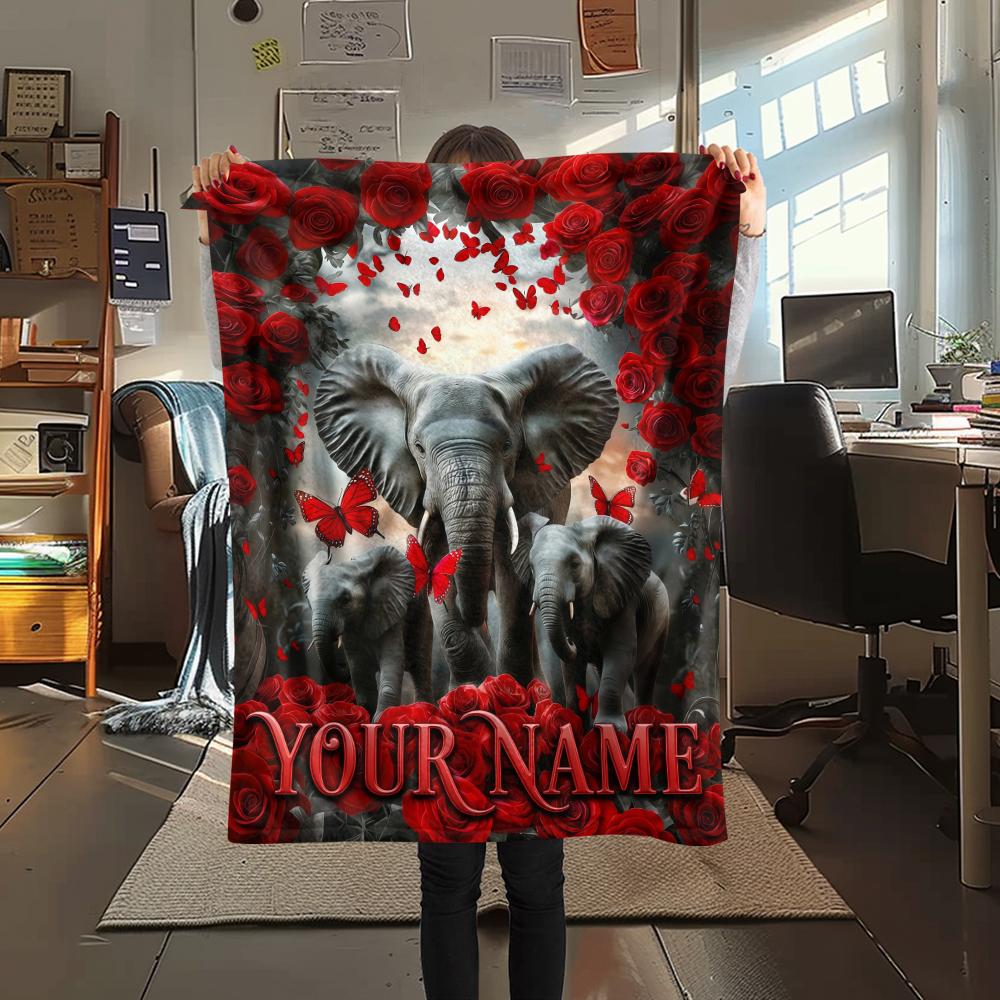 1PC Custom Name Neon Elephant Splash Patterned Flannel Blanket Suitable For All Seasons for Home Decor Warmth and Comfort Gifts Holiday Present_lx