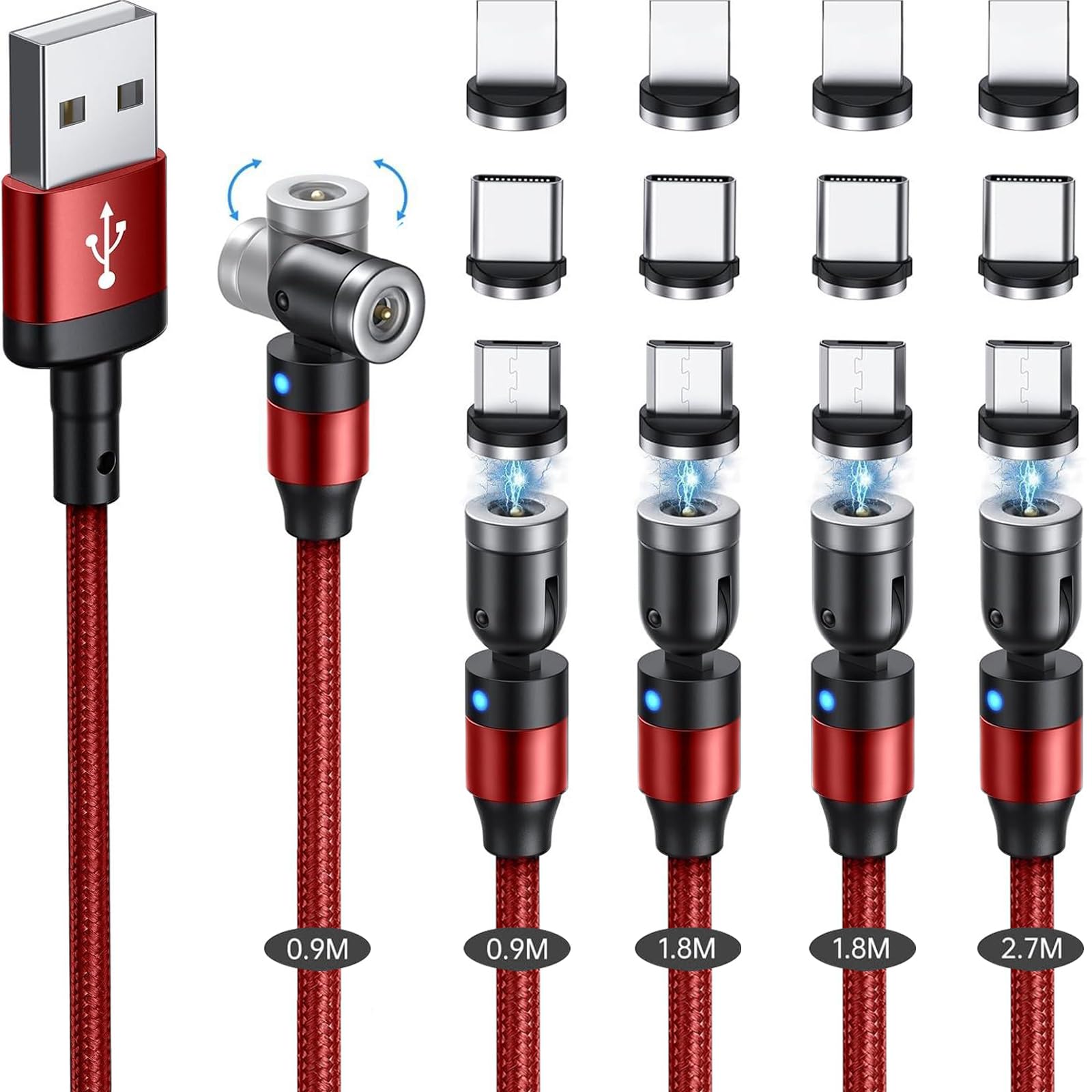 

SUNTAIHO Magnetic Charging 12 Micro USB Micro USB Cable TZD Red 3-in-1 Cable, 5-Pack [0.9m + 0.9m + 1.8m + 1.8m + 2.7m / Connectors], 360° + 180°