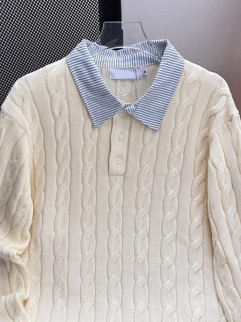 American Style Striped Cable Knit Polo Sweater - Men's Trendy Two-Piece Patchwork with Cleanfit Design