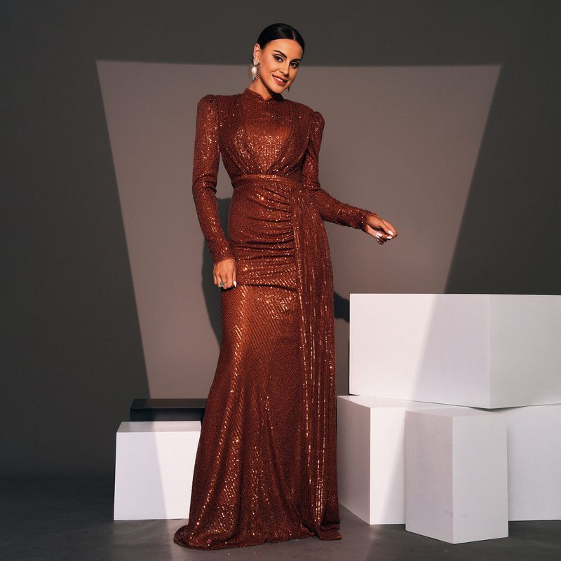 Cross-Border European and American Evening Dress with Long Sleeves, Elegant Round Neck, Sexy Slim Fit, Long Sequined Party Bridesmaid Dress for Women