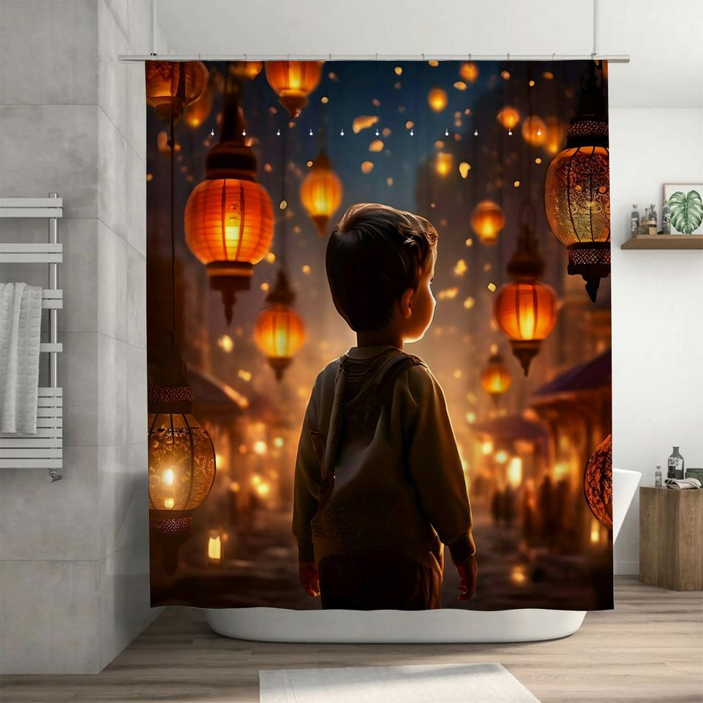 Boy and Lanterns Shower Curtain | Magical Night Bathroom Decor