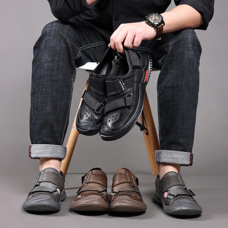 Cowhide Sandals Men's 2025 New Casual Breathable Hole Shoes Men's Tide Non-slip Bag Head Outdoor Beach Shoes