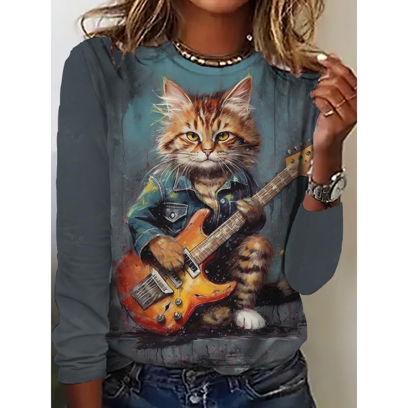 Fall Women's Long Sleeve T-Shirt Cute Cat Print Street Casual Crew Neck Pullover Oversized Clothing Outdoor T Shirts