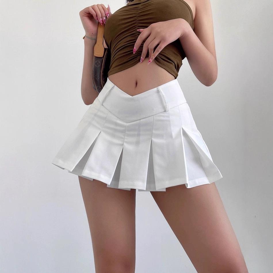 Retro College-Style Low-Waisted V-Neck Crop Pleated Skirt for Women Spring Summer Slim-Fit A-Line Casual All-match Versatile Short Skirt Flared Skirt