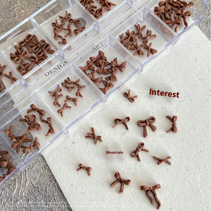 12 Grids/Box Bow Nail Art Decorations 3D Red Brown Bowknot Resin Charms Jewelry Diy Manicure Decoration Supplies Accessories