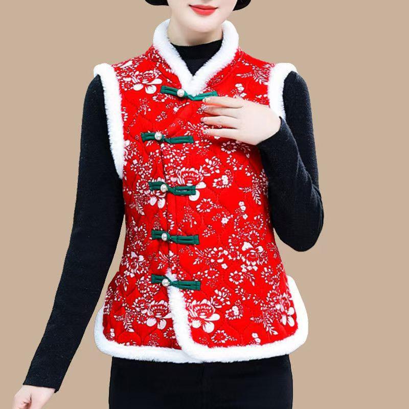 Women's Mock Neck Sleeveless Vest Loose Cute Floral Fleece Lined Waistcoat Chinese Tang Gilet