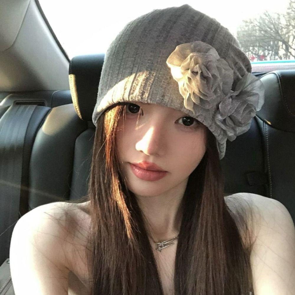 

Sweet Cool Y2K Knitted Hat Harajuku Lace Knit Cap Casual Floral Beanies Hat Female