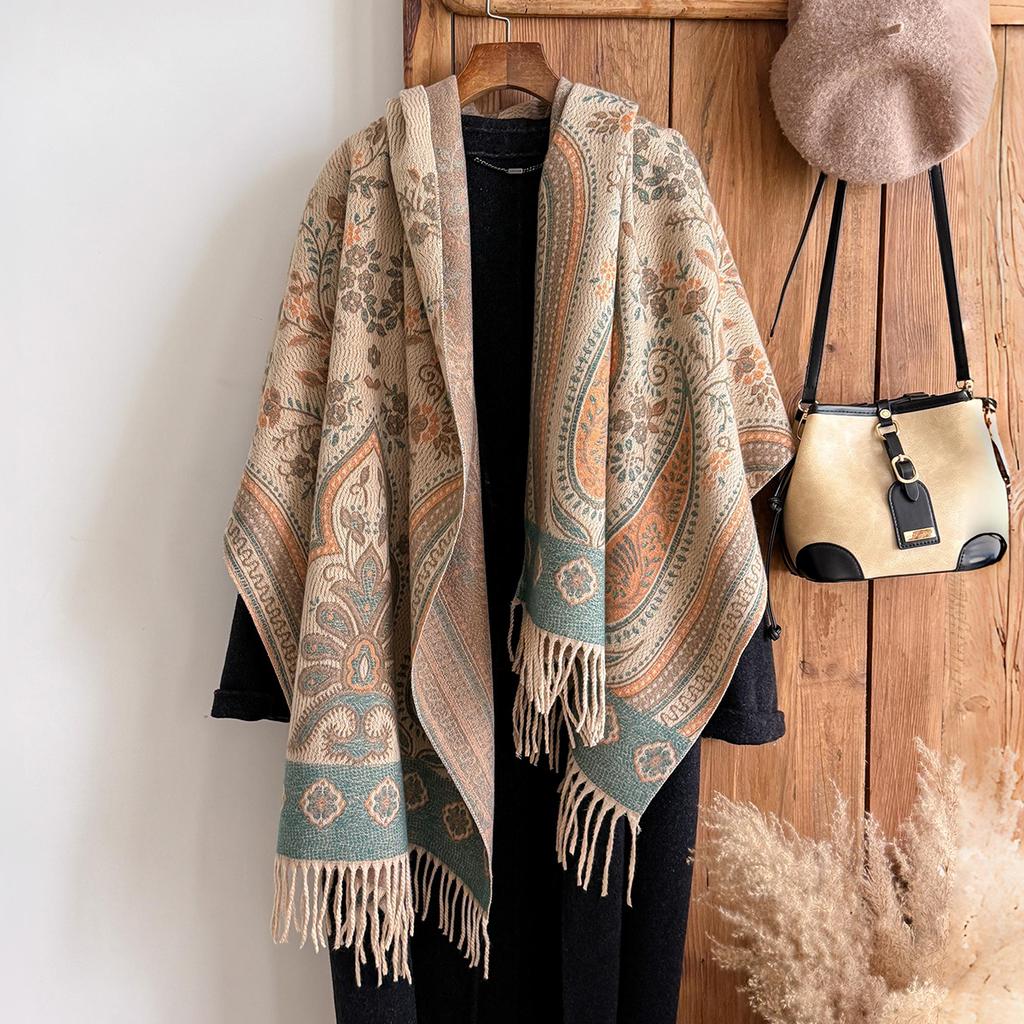 Fashion Women'S Winter Cashmere Shawl - Vintage Floral Printed Tasseled Oil Painting Style Pashmina Thick Wrap & Echarpe