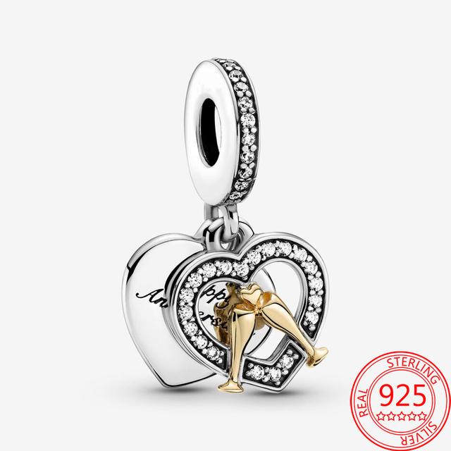 Authentic 925 Sterling Silver Dome Gold Heart Pendant Charm Fit Original Fashion 3mm Bracelet Diy Beaded Jewelry Gift Making