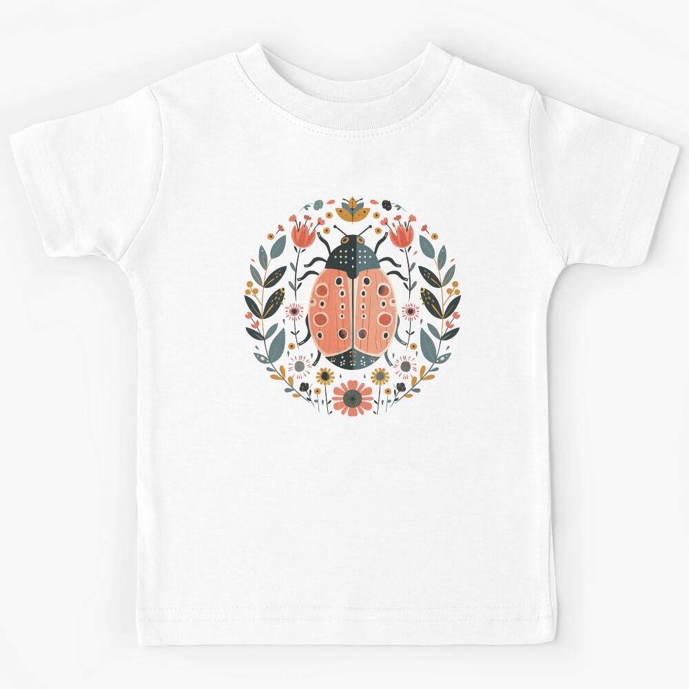 Scandinavian Folk Art, Ladybug With Flowers Kids T-Shirt 130