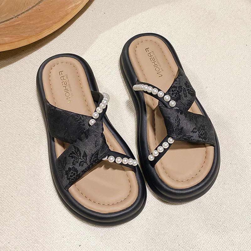 

Muffin platform slippers women s summer wear 2025 new retro embroidery versatile with skirt cross with beach sandals 35 чорний