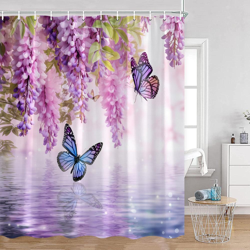 Purple Flowers Shower Curtains Wisteria Lavender Butterfly Birds Pirple Floral Bathroom Decorations Modern Elegant Bath Curtain