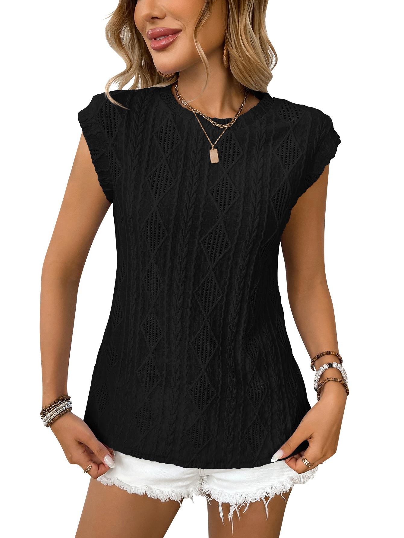 

Summer new European and American women s clothing round neck jacquard short sleeve loose T-shirt vest women S чёрный
