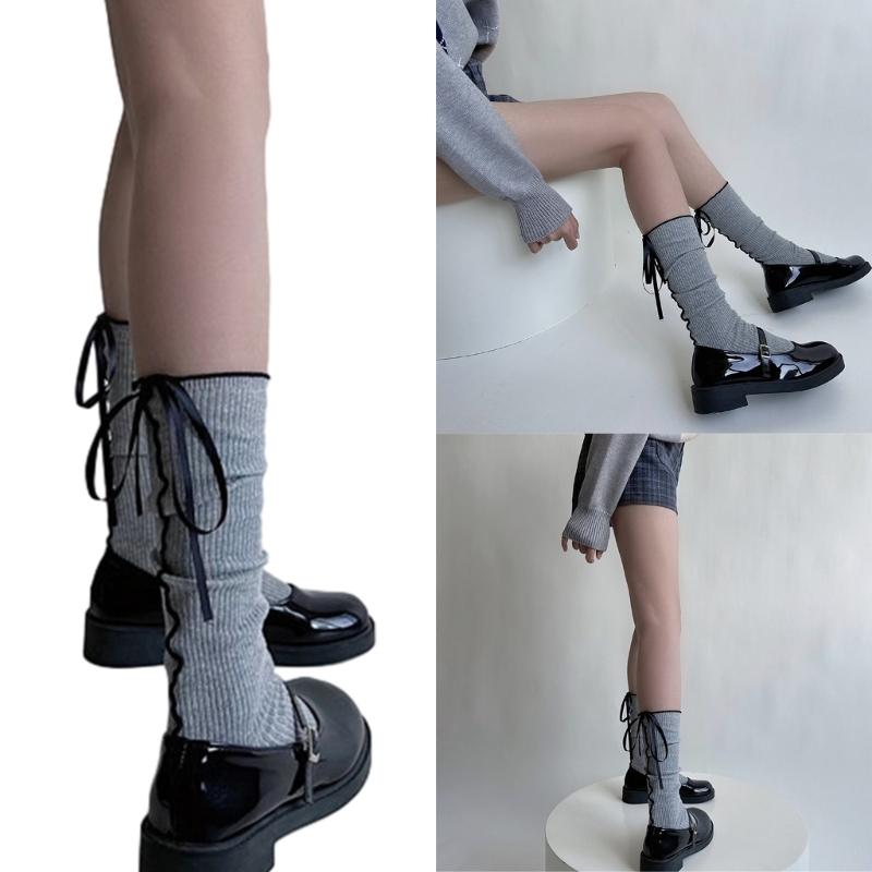 Japanese Style Fashion Middle Tube Calf Socks Women JK Girl Cute Bandage Bowknot Ruffke Trim Cotton Long Socks Stockings