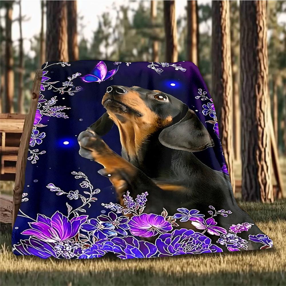 1pc Floral Dachshund Outdoor Flannel Blanket , Machine Washable Perfect Gift for Birthday , Holiday Travel Accessory , Durable Material