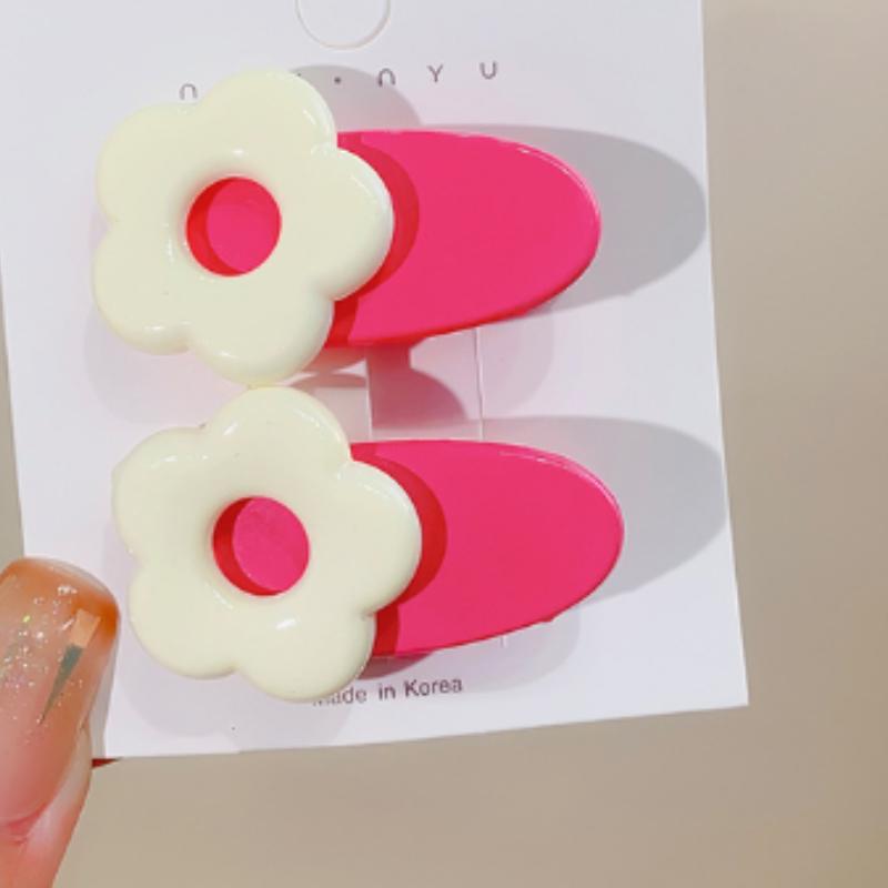 Cartoon Pink Flower Oval Hairpin Cute Sweet Girl Side Clip  Hair Accessories for Women