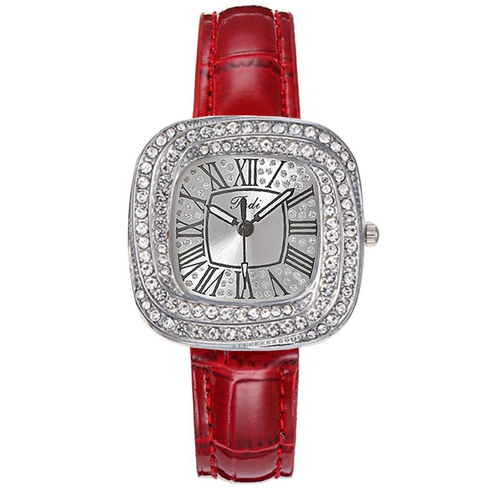 Simple Square Rhinestone Quartz Watch Casual Leather Women's Clock Wristwatch