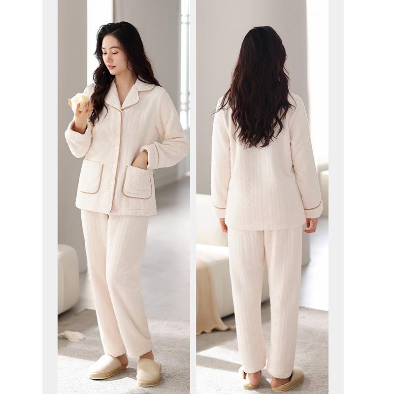 Coral fleece pajamas women's autumn and winter thickened fleece warm fat m plus size 55kg flannel loungewear set