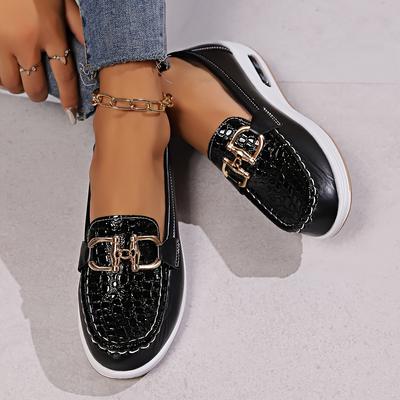 Sapatos femininos preguiçosos, design confortável de bico redondo, decoração de fivela de metal, sapatos casuais para caminhada