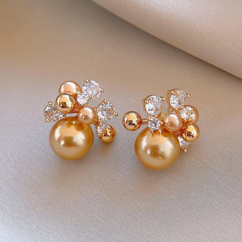 Gold-Plated Silver Zircon Flower Pearl Stud Earrings - French Retro Style for Women
