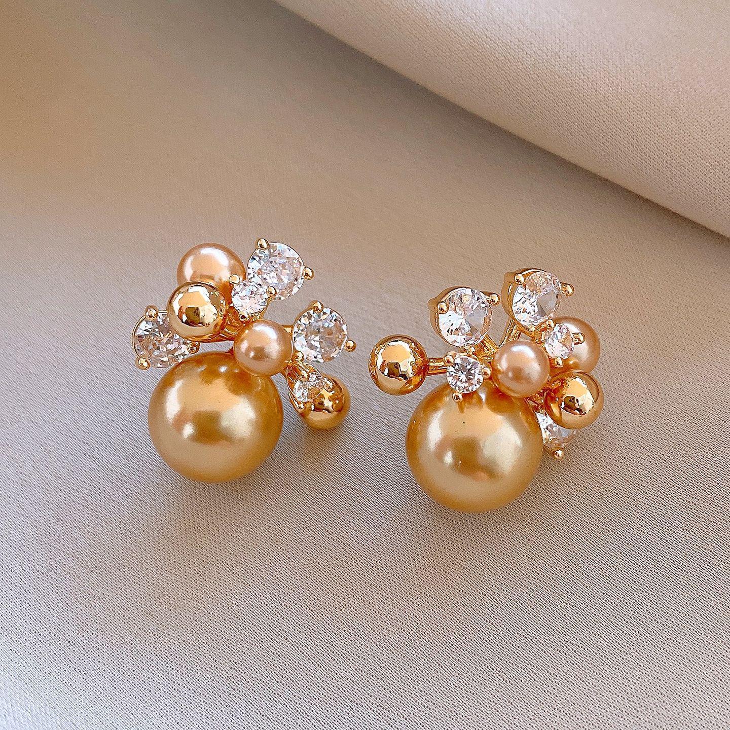 Gold-Plated Silver Zircon Flower Pearl Stud Earrings - French Retro Style for Women