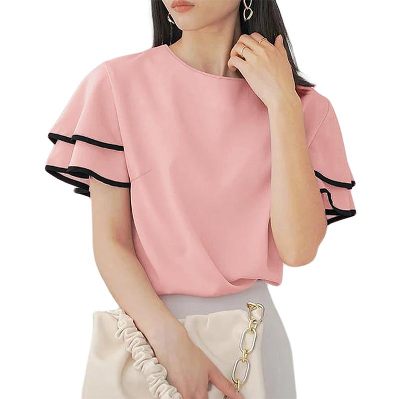 

ZANZEA Женская повседневная свободная блузка с круглым вырезом и оборками с короткими рукавами M розовый