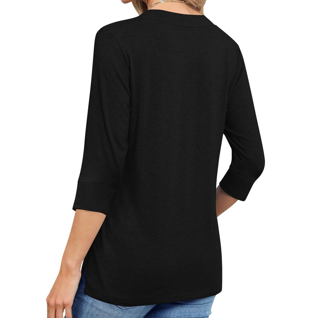 Women's Fashion Casual V Neck 3/4 Sleeve Loose Printed T-Shirt Ladies Top