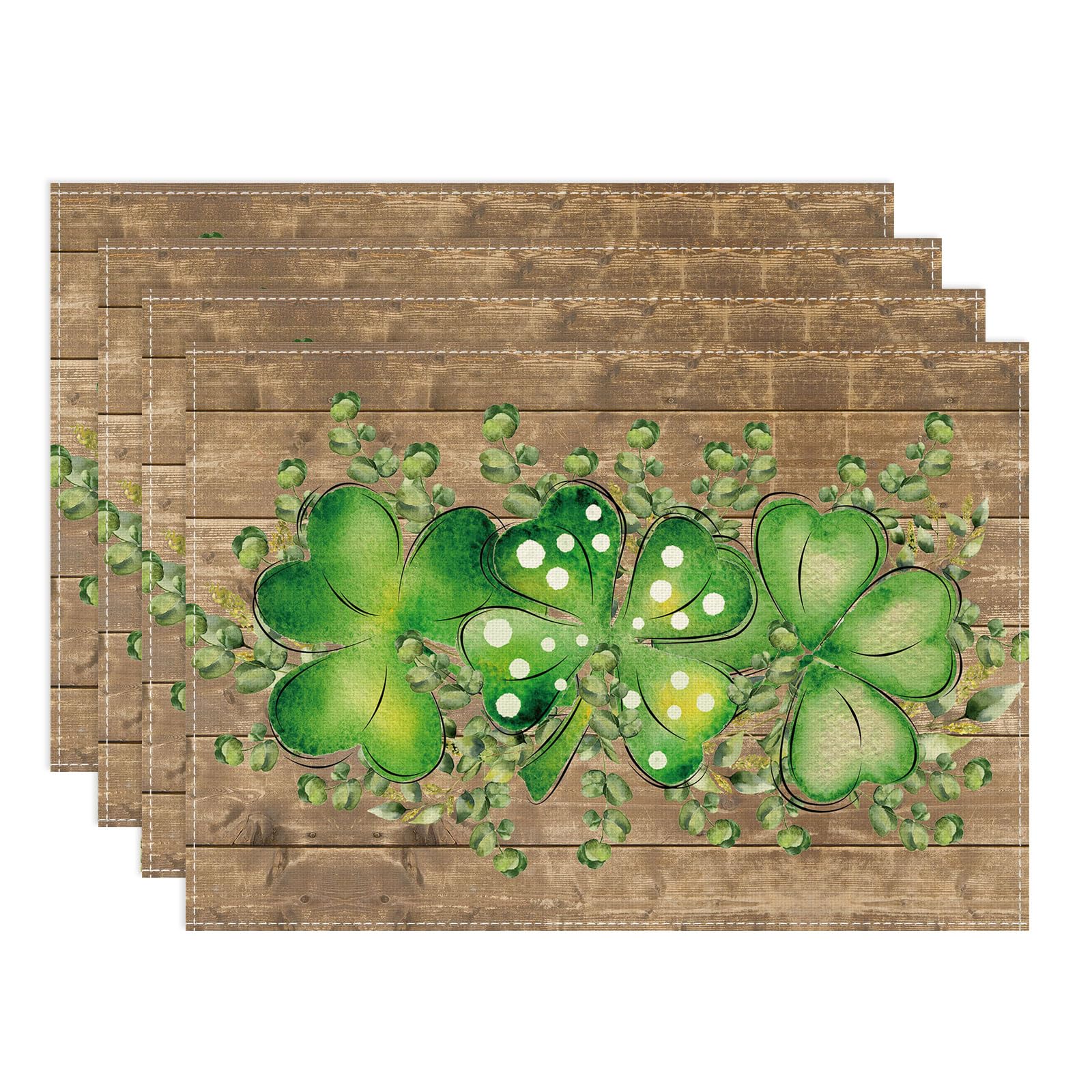 

Wood Grain Green Shamrocks Clovers Eucalyptus Leaves St. Patrick s Day Placemats Set of 4 Table Mats for Party Home Kitchen Dining Table Decorations Placemats Set of 4 （12x18 Inch）